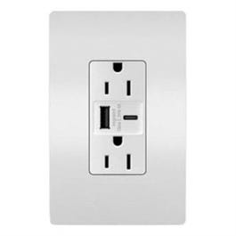 USB Charger Wall Plate With Duplex Outlet, Type A/C, White, 6.0A, 15-Amp