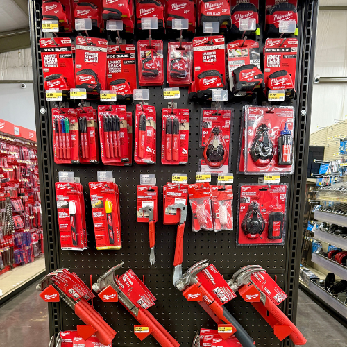 Display of Milwaukee tools and accessories in a store setting