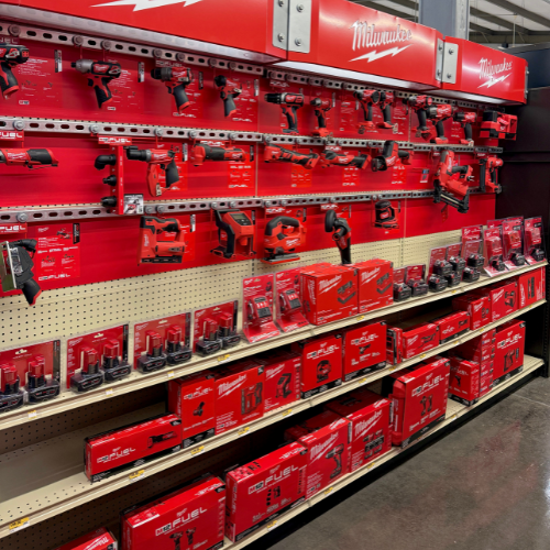 Display of Milwaukee tools and equipment in a store setting