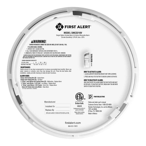 First Alert's SMCO210V 10-Year Sealed Battery Combination Smoke and Carbon Monoxide Alarm with Voice and Location Alerts (1 in H x 5.67 in L x 5.67 in W)