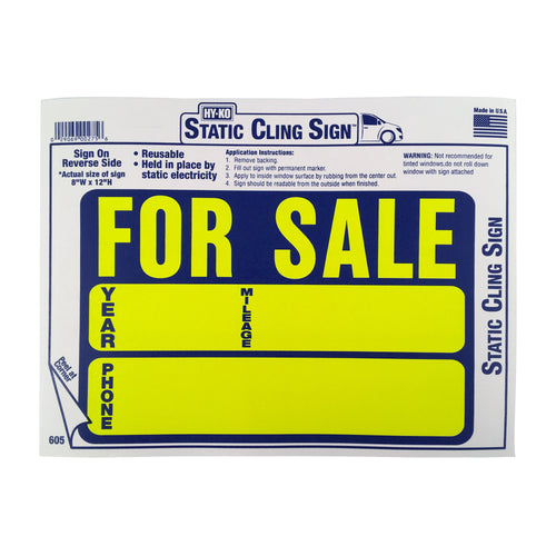 Hy-Ko Auto For Sale Static Cling Sign Vinyl Blue/Yellow